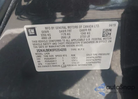 2015 Chevrolet Equinox 1Lt из США, поврежденный, VIN 2GNALBEK6F6354288